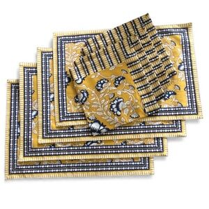 100% Cotton Placemats & Napkins - Blue Gold White Floral Design - 4 of each